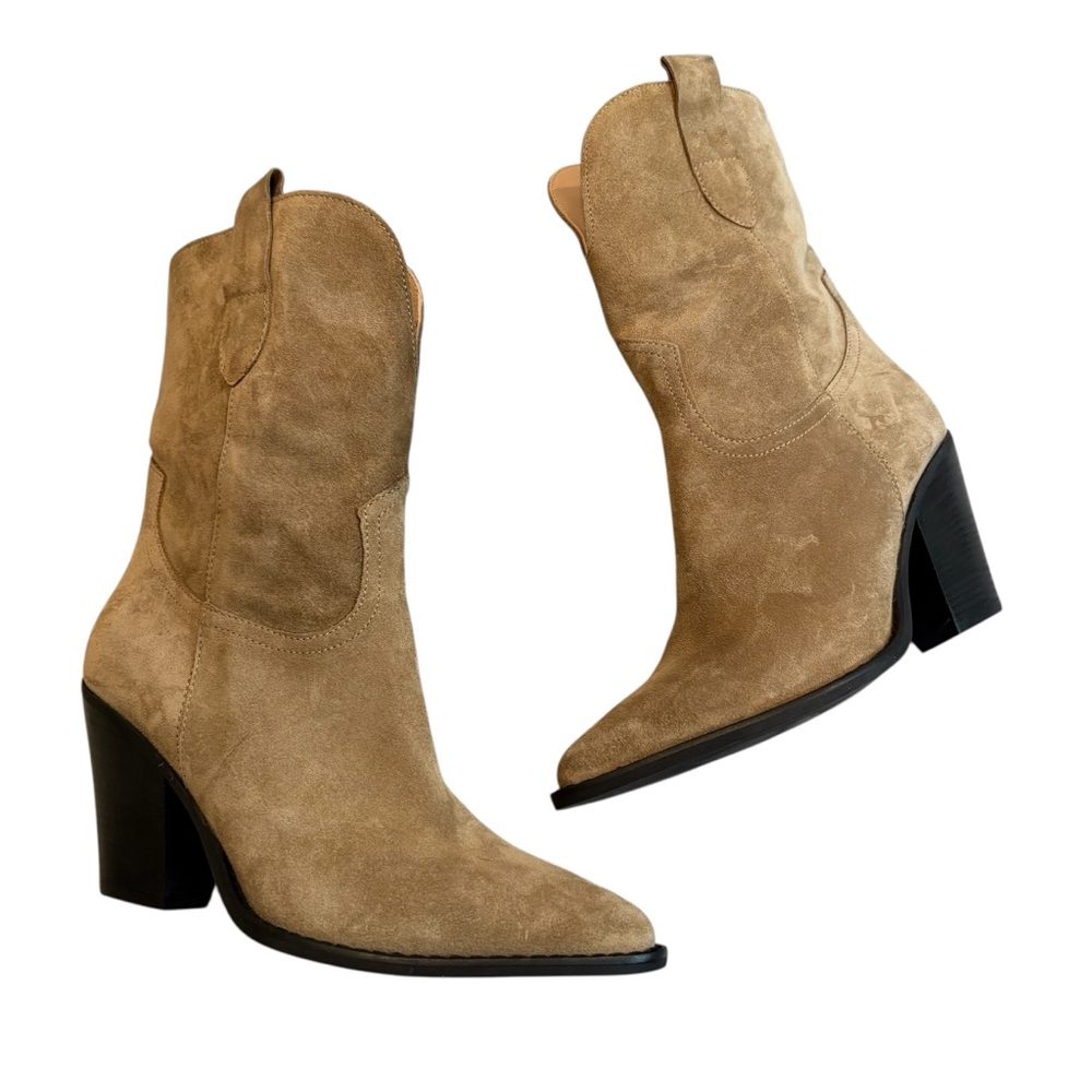 Grungemama Pull On Suede Pointy Toe Mid Calf Western Boots, Sz EU 39